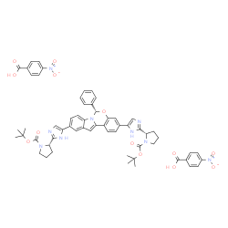 1-Pyrrolidinecarboxylic acid, 2,2'-[[(6S)-6-phenyl-6H-indolo[1,2-c][1,3]benzoxazine-3,10-diyl]di-1H-imidazole-5,2-diyl]bis-, 1,1'-bis(1,1-dimethylethyl) ester, (2S,2'S)-, 4-nitrobenzoate Structure