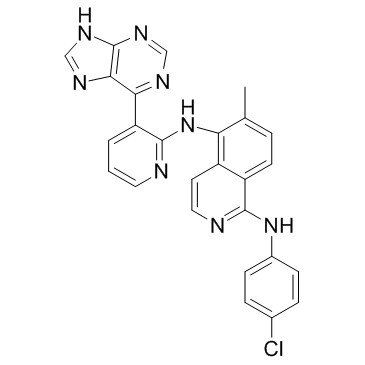 N1-(4-氯苯基)-6-甲基-N5-[3-(9H-嘌呤-6-基)-2-吡啶]-1,5-异喹啉二胺结构式