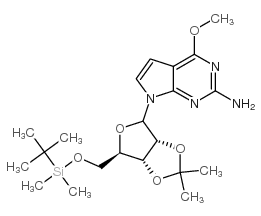 2-Amino-4-methoxyl-7-(2,3-O-isopropylidene-5-O-tert-butyldimethylsilyl--D-ribofuranosyl)pyrrolo[2,3-d]pyrimidine结构式