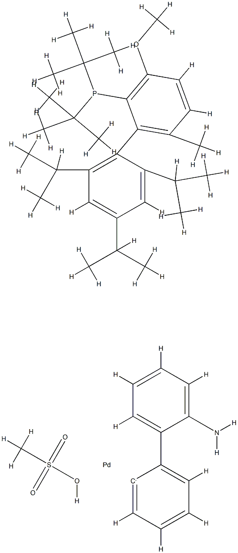 甲烷磺酰基(2-(二叔丁基膦基)-3-甲氧基-6-甲基-2'',4'',6''-三异丙基-1,1''-联苯)(2''-氨基-1,1''-联苯-2-基)钯(II)结构式