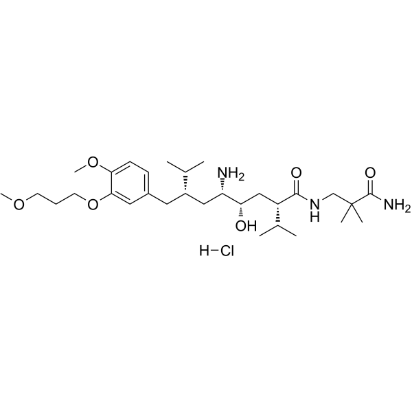 (2S,4S,5S,7S)-7-(3-(3-甲氧基丙氧基)-4-甲氧基苄基)-5-氨基-N-(2-氨基甲酰基-2-甲基丙基)-4-羟基-2-异丙基-8-甲基壬酰胺盐酸盐图片