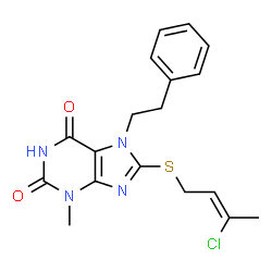 8-[(3-chloro-2-butenyl)sulfanyl]-3-methyl-7-(2-phenylethyl)-3,7-dihydro-1H-purine-2,6-dione Structure