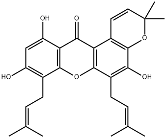 5,9,11-Trihydroxy-3,3-dimethyl-6,8-bis(3-methyl-2-butenyl)pyrano[3,2-a]xanthen-12(3H)-one Structure