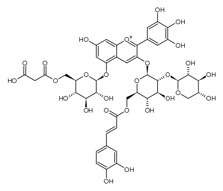 delphinidin 3-O-[2-O-(β-xylopyranosyl)-6-O-(trans-caffeoyl)-β-glucopyranoside]-5-O-[6-O-(malonyl)-β-glucopyranoside]结构式