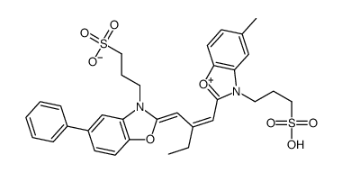 hydrogen 5-methyl-2-[2-[[5-phenyl-3-(3-sulphonatopropyl)-3H-benzoxazol-2-ylidene]methyl]but-1-enyl]-3-(3-sulphonatopropyl)benzoxazolium结构式