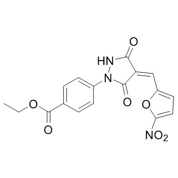 4-[4-[(5-硝基-2-呋喃基)亚甲基]-3,5-二氧代-1-吡唑烷基]苯甲酸乙酯结构式