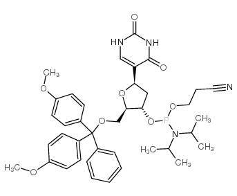 5'-O-[二(4-甲氧基苯基)(苯基)甲基]-3'-O-[(2-氰基乙氧基)(二异丙基氨基)膦基]-2'-脱氧尿苷结构式