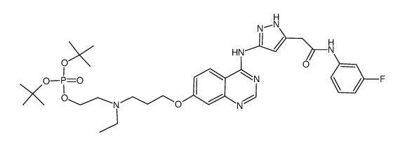 di-tert-butyl 2-[[3-({4-[(5-{2-[(3-fluorophenyl)amino]-2-oxoethyl}-1H-pyrazol-3-yl)amino]quinazolin-7-yl}oxy)propyl](ethyl)amino]ethyl phosphate Structure