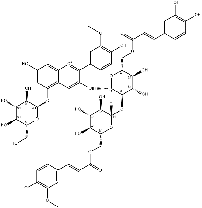 芍药色素-3-O-[6-O-(E)-咖啡酰-2-O-{6-O-(E)-阿魏酰-Β-D-葡萄糖苷}-Β-D-葡萄糖苷]-5-O-Β-D-葡萄糖苷结构式