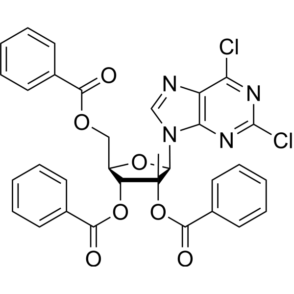 2,6-Dichloro-9-(2-C-Methyl-2,3,5-tri-O-benzoyl-β-D-ribofuranosyl)purine structure