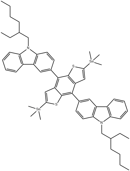 3,3'-(2,6-双三甲基锡基苯并[1,2-b:4,5-b']二噻吩-4,8-二基)双(9-(2-乙基己基)-9H-咔唑结构式