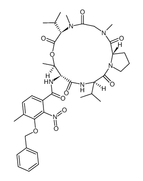 (3-(benzyloxy)-4-methyl-2-nitrobenzoyl)-L-threonyl-D-valyl-L-prolyl-sarcosyl-N-methyl-L-valine lactone Structure