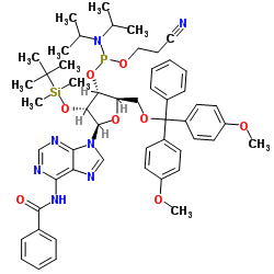N-苯甲酰基-5'-O-(4,4-二甲氧基三苯甲基)-2'-O-[(叔丁基)二甲基硅基]腺苷-3'-(2-氰基乙基-N,N-二异丙基)亚磷酰胺结构式