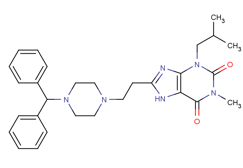8-[2-(4-benzhydrylpiperazin-1-yl)ethyl]-1-methyl-3-(2-methylpropyl)-7H-purine-2,6-dione Structure