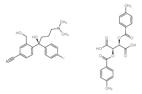 4-[(1S)-4-二甲胺基-1-对氟苯基-1-羟基丁基]-3-(羟甲基)苯腈 D-(+)-二对甲基苯甲酰酒石酸盐 (2:1)结构式
