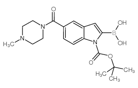 2-硼-5-[(4-甲基-1-哌嗪基)羰基]-1H-吲哚-1-羧酸-1-(1,1-二甲基乙酯)结构式