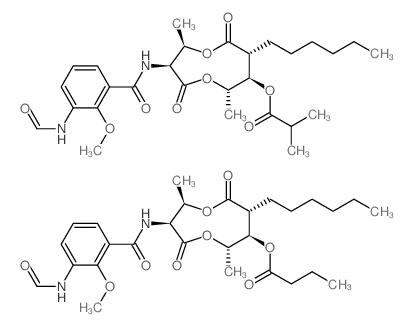 [(2R,3S,6S,7R,8R)-3-[(3-formamido-2-methoxybenzoyl)amino]-8-hexyl-2,6-dimethyl-4,9-dioxo-1,5-dioxonan-7-yl] butanoate,[(2R,3S,6S,7R,8R)-3-[(3-formamido-2-methoxybenzoyl)amino]-8-hexyl-2,6-dimethyl-4,9-dioxo-1,5-dioxonan-7-yl] 2-methylpropanoate Structure