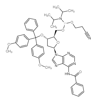 N-苯甲酰基-5’-O-[(二异丙基氨基)-(2-氰基乙氧基)氧磷基]-3’-O-(4,4’-二甲氧基三苯甲基)-2’-脱氧腺苷结构式