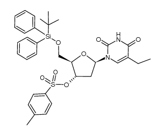 1-(5-O-tert-butyldiphenylsilyl-2-deoxy-3-O-p-toluenesulfonyl-β-D-erythro-pentofuranosyl)-5-ethyluracil结构式