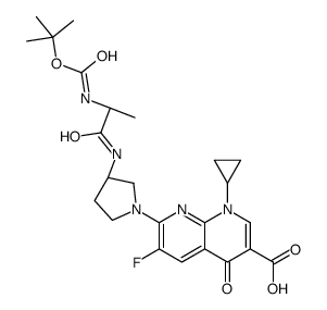 1-cyclopropyl-6-fluoro-7-[(3S)-3-[[(2S)-2-[(2-methylpropan-2-yl)oxycarbonylamino]propanoyl]amino]pyrrolidin-1-yl]-4-oxo-1,8-naphthyridine-3-carboxylic acid结构式