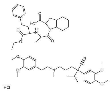 (2S,3aR,7aS)-1-[(2S)-2-[[(2S)-1-ethoxy-1-oxo-4-phenylbutan-2-yl]amino]propanoyl]-2,3,3a,4,5,6,7,7a-octahydroindole-2-carboxylic acid,2-(3,4-dimethoxyphenyl)-5-[2-(3,4-dimethoxyphenyl)ethyl-methylamino]-2-propan-2-ylpentanenitrile,hydrochloride结构式