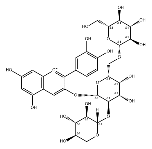 矢车菊素-3-葡萄糖-(1→6)-[3-木糖-(1→2)]-半乳糖苷结构式