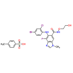 6-(4-bromo-2-chloro-phenylamino)-7-fluoro-3-methyl-3H-benzoimidazole-5-carboxylic acid (2-hydroxy-ethoxy)-amide p-toluenesulfonate structure