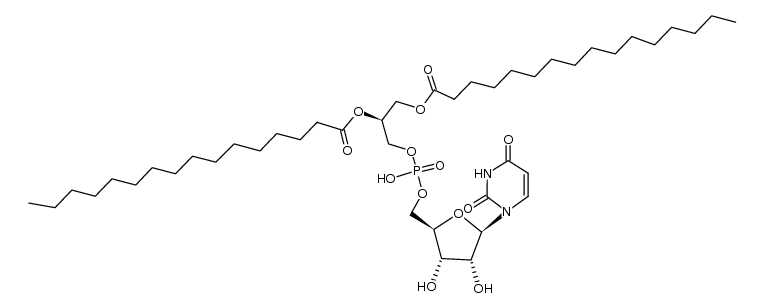 (2S)-3-(((((2R,3S,4R,5R)-5-(2,4-dioxo-3,4-dihydropyrimidin-1(2H)-yl)-3,4-dihydroxytetrahydrofuran-2-yl)methoxy)(hydroxy)phosphoryl)oxy)propane-1,2-diyl dipalmitate结构式