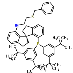(1R)-N-[2-(Benzylsulfanyl)ethyl]-7'-{bis[3,5-bis(2-methyl-2-propanyl)phenyl]phosphino}-2,2',3,3'-tetrahydro-1,1'-spirobi[inden]-7-amine Structure