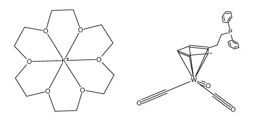 [K(1,4,7,10,13,16-hexaoxacyclooctadecane)][W(CO)3(η5-(2-(diphenylphosphino)ethyl)cyclopentadienyl)] Structure