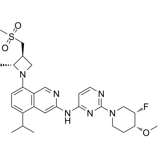 N-[2-[(3S,4R)-3-氟-4-甲氧基-1-哌啶基]-4-嘧啶基]-5-异丙基-8-[(2R,3S)-2-甲基-3-[(甲砜基)甲基]-1-氮杂环丁基]异喹啉-3-胺结构式