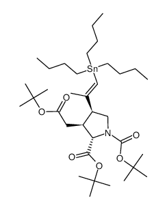 di-tert-butyl (2S,3S,4S)-3-((tert-butoxycarbonyl)methyl)-4-((E)-1-(tributylstannyl)prop-1-en-2-yl)pyrrolidine-1,2-dicarboxylate Structure