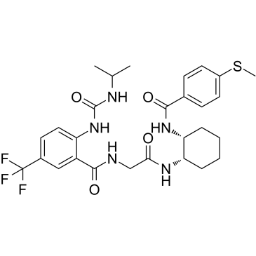 2-(3-异丙基脲基)-N-(2-((1R,2S)-2-(4-(甲基硫基)苯甲酰胺基)环己基氨基)-2-氧代乙基)-5-(三氟甲基)苯甲酰胺结构式