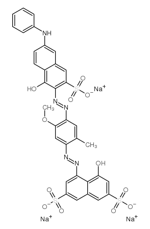 2,7-Naphthalenedisulfonicacid,4-hydroxy-5-[2-[4-[2-[1-hydroxy-6-(phenylamino)-3-sulfo-2-naphthalenyl]diazenyl]-5-methoxy-2-methylphenyl]diazenyl]-,sodium salt (1:3) Structure
