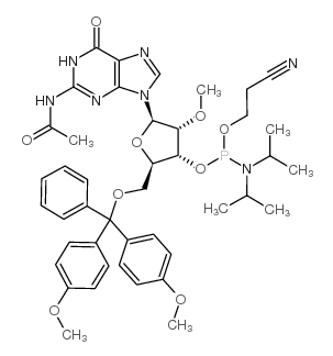 N-乙酰基-5’-O-(4,4-二甲氧基三苯甲基)-2’-O-甲基鸟苷-3'-(2-氰基乙基-N,N-二异丙基)亚磷酰胺结构式