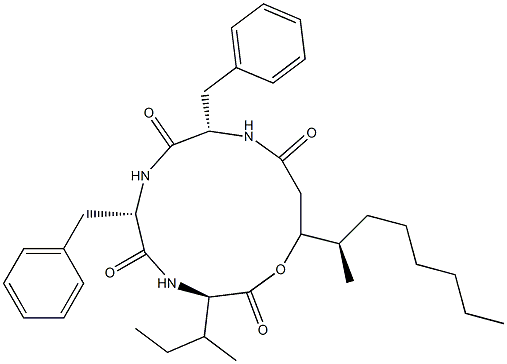 N-[N-[N-(3-Hydroxy-4-methyl-1-oxodecyl)-L-phenylalanyl]-L-phenylalanyl]-D-isoleucine λ-lactone结构式