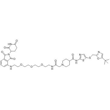N-(5-(((5-(叔丁基)恶唑-2-基)甲基)硫基)噻唑-2-基)-1-(14-((2-(2,6-二氧代哌啶-3-基)-1,3-二氧代异吲哚啉-4-基)氨基)-2-氧代-6,9,12-三氧杂-3-氮杂十四烷基)哌啶-4-甲酰胺结构式