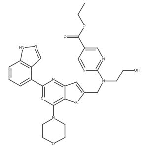 Ethyl 2-(((2-(1H-indazol-4-yl)-4-morpholinothieno[3,2-d]pyrimidin-6-yl)methyl)(2-hydroxyethyl)amino)pyrimidine-5-carboxylate Structure
