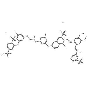 Copper;tetrasodium;2-[[4-[2-[[4-[[6-[[4,5-dimethoxy-2-[(2-oxido-5-sulfonatophenyl)diazenyl]phenyl]diazenyl]-5-oxido-7-sulfonatonaphthalen-2-yl]amino]-6-fluoro-1,3,5-triazin-2-yl]amino]propylamino]-6-fluoro-1,3,5-triazin-2-yl]amino]benzene-1,4-disulfonate Structure