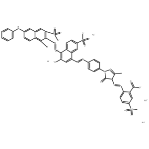 CC1=NN(c2ccc(N=Nc3cc([O-])c(N=Nc4c(S(=O)(=O)[O-])cc5cc(Nc6ccccc6)ccc5c4[O-])c4ccc(S(=O)(=O)[O-])cc34)cc2)C(=O)C1N=Nc1ccc(S(=O)(=O)[O-])cc1C(=O)[O-].[Cu+2].[H+].[Na+].[Na+].[Na+]结构式