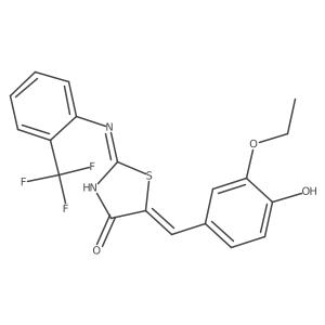 (2E,5E)-5-(3-ethoxy-4-hydroxybenzylidene)-2-((2-(trifluoromethyl)phenyl)imino)thiazolidin-4-one Structure