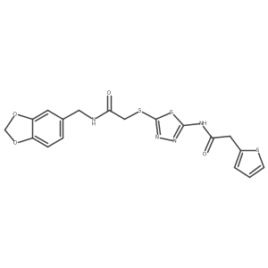 N-[5-[2-(1,3-benzodioxol-5-ylmethylamino)-2-oxo-ethyl]sulfanyl-1,3,4-thiadiazol-2-yl]-2-(2-thienyl)acetamide Structure