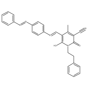 3-Pyridinecarbonitrile, 1,2,5,6-tetrahydro-4-methyl-2,6-dioxo-5-[[[4-(2-phenyldiazenyl)phenyl]amino]methylene]-1-(2-phenylethyl)-结构式