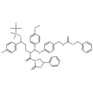 Phenylmethyl N-[[4-[[(1S,2R,5S)-5-[[(1,1-dimethylethyl)dimethylsilyl]oxy]-5-(4-fluorophenyl)-1-(4-methoxyphenyl)-2-[[(5S)-2-oxo-5-phenyl-3-oxazolidinyl]carbonyl]pentyl]amino]phenyl]methyl]carbamate结构式