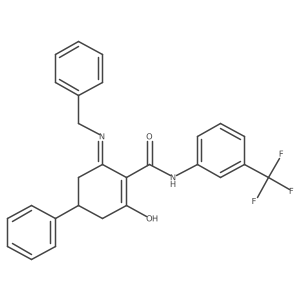 (2-oxo-4-phenyl-6-(benzylamino)cyclohex-1-enyl)-N-(3-(trifluoromethyl)phenyl)formamide结构式