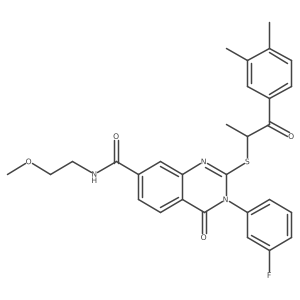 2-{[1-(3,4-dimethylphenyl)-1-oxopropan-2-yl]sulfanyl}-3-(3-fluorophenyl)-N-(2-methoxyethyl)-4-oxo-3,4-dihydroquinazoline-7-carboxamide结构式