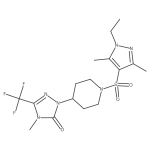 1-(1-((1-ethyl-3,5-dimethyl-1H-pyrazol-4-yl)sulfonyl)piperidin-4-yl)-4-methyl-3-(trifluoromethyl)-1H-1,2,4-triazol-5(4H)-one结构式