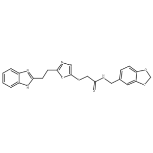 2-((5-(2-(1H-benzo[d]imidazol-2-yl)ethyl)-1,3,4-oxadiazol-2-yl)thio)-N-(benzo[d][1,3]dioxol-5-ylmethyl)acetamide Structure