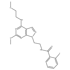2-fluoro-N-(2-(4-((2-methoxyethyl)amino)-6-(methylthio)-1H-pyrazolo[3,4-d]pyrimidin-1-yl)ethyl)benzamide结构式