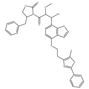 2-Oxazolidinone, 3-[(2S,3R)-3-hydroxy-2-methoxy-3-[4-[2-(5-methyl-2-phenyl-4-oxazolyl)ethoxy]benzo[b]thien-7-yl]-1-oxopropyl]-4-(phenylmethyl)-, (4S)-结构式